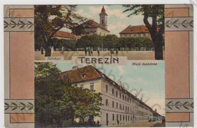  - Terezín (Litoměřice), více záběrů, náměstí, kostel, Malá kasárna, kolorovaná, koláž